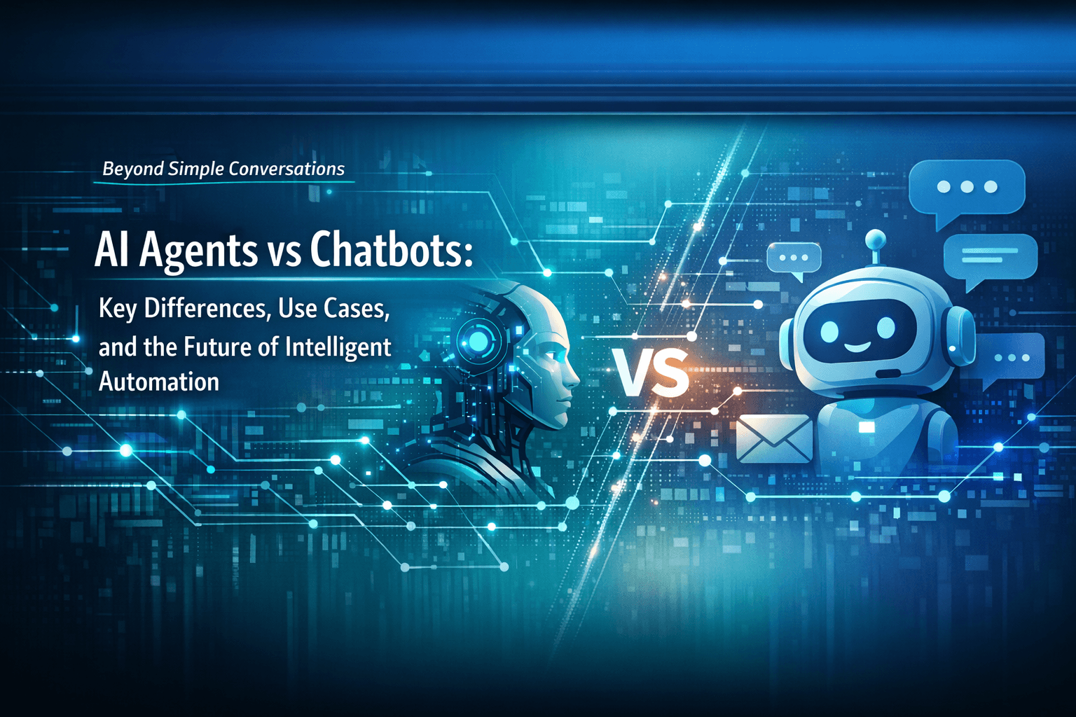 Side-by-side comparison of AI agents and chatbots represented as digital assistants in a modern enterprise workspace