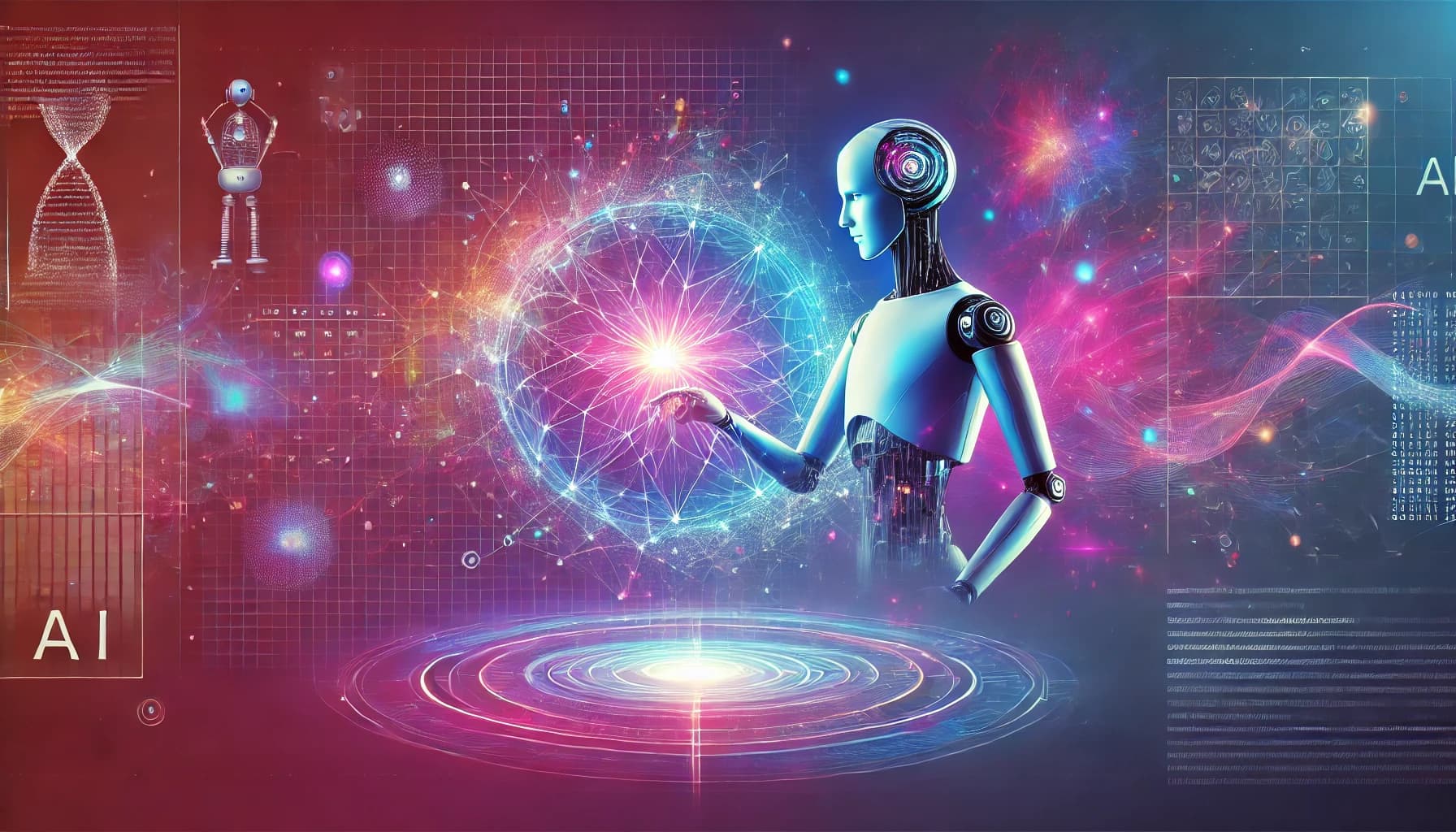 A futuristic abstract image depicting a sleek humanoid robot interacting with a glowing neural network web. The design features gradient hues of blue, purple, and magenta, with a background of digital data grids and dynamic particle swirls, symbolizing AI intelligence and autonomy. The composition is minimalistic and adaptable to both light and dark themes.