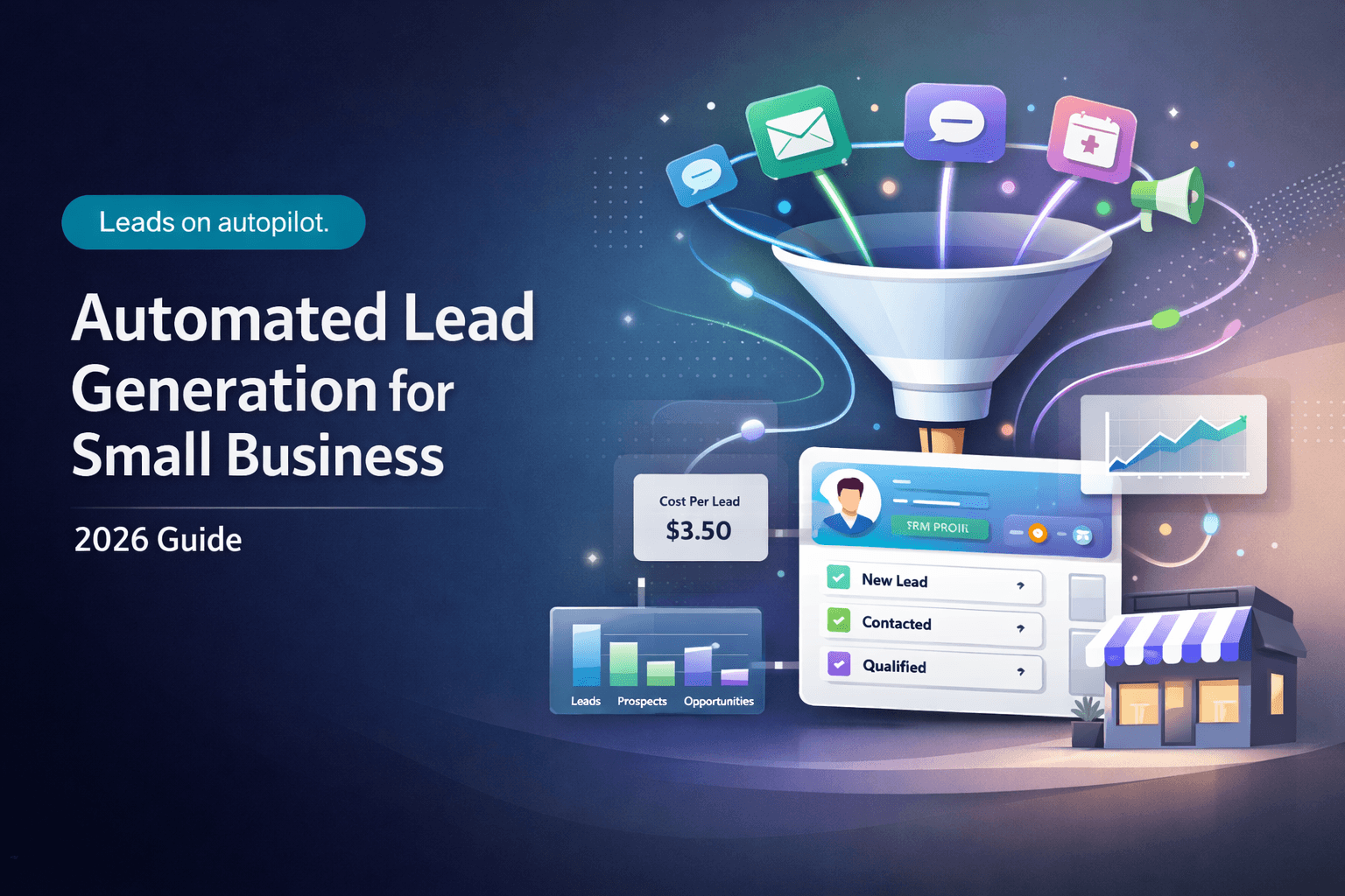 Small business owner using AI lead generation tools on a laptop in 2026