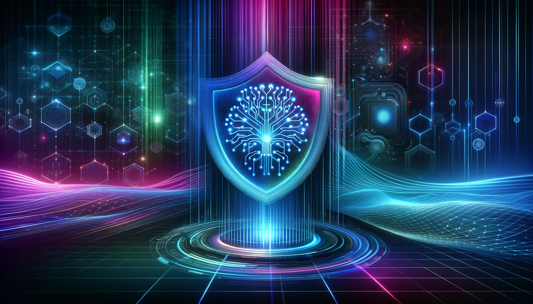 A futuristic digital illustration symbolizing AI in cybersecurity, featuring abstract depictions of various data forms like text, images, audio waves, and video streams merging into interconnected neural network nodes. The design uses glowing gradients of blue-purple and cyan-magenta, with smooth flowing data grids in a sleek high-tech style. The background is modern and adaptable for light and dark themes.