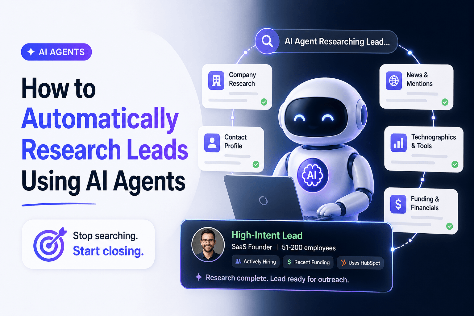AI workflow dashboard showing automated lead research, enrichment, scoring, and CRM routing