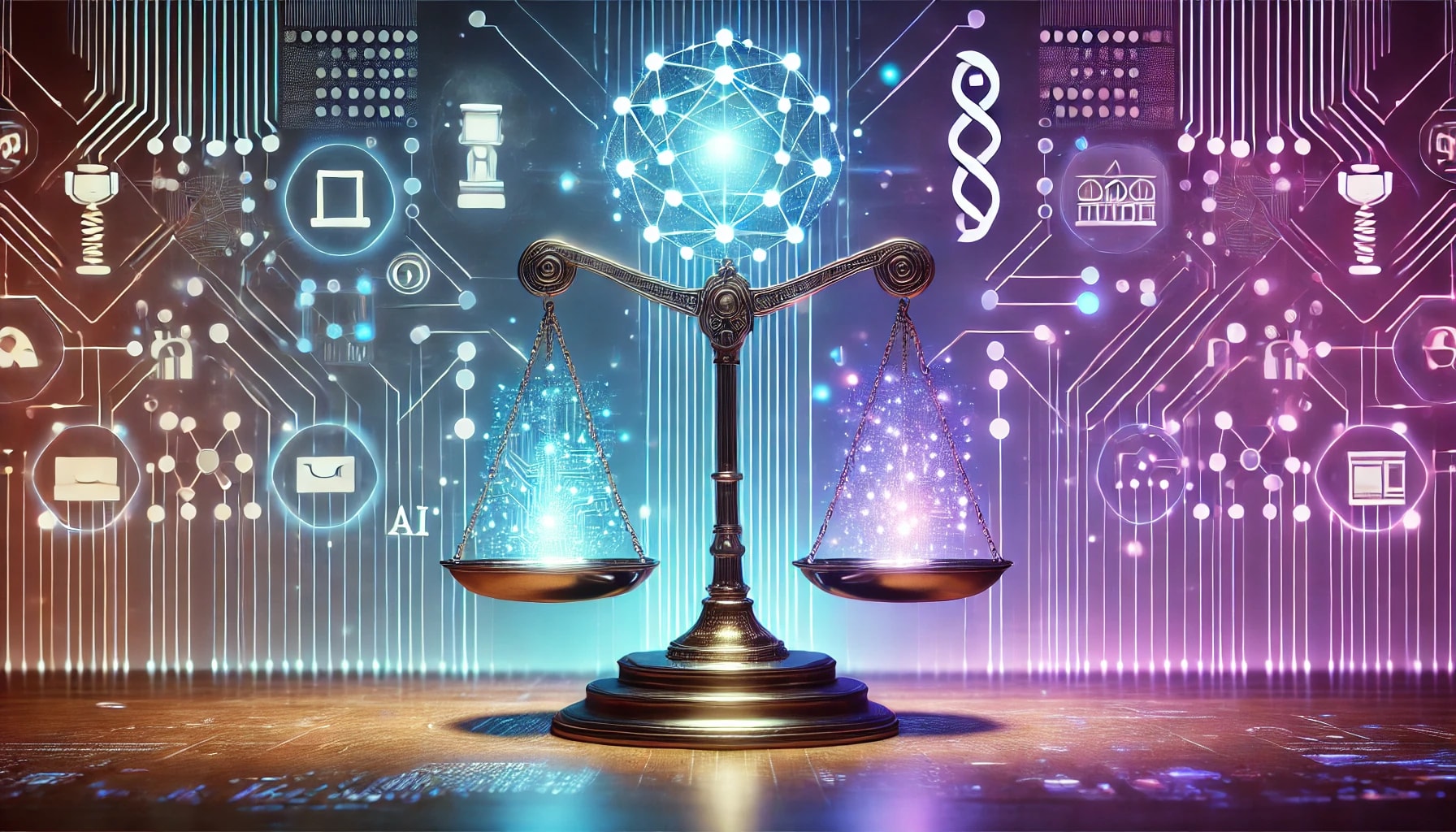 A futuristic and minimalistic digital illustration showing an abstract balance scale with glowing holographic elements. One side features a neural network structure, and the other side displays abstract legal icons like a gavel and scales of justice. The background is a gradient of blue and purple, adorned with subtle data grids and circuit-like patterns, symbolizing the balance between AI innovation and regulation.