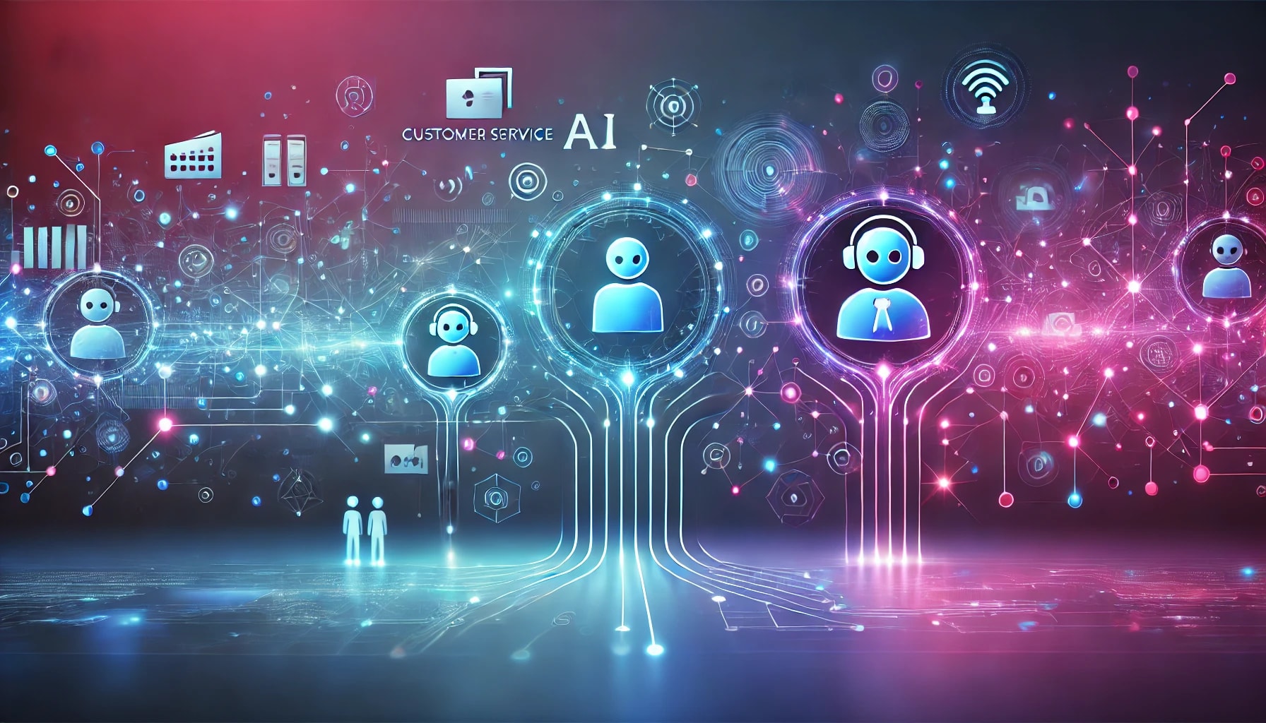 A futuristic digital illustration symbolizing AI in customer service, featuring abstract depictions of various data forms like text, images, audio waves, and video streams merging into interconnected neural network nodes. The design uses glowing gradients of blue-purple and cyan-magenta, with smooth flowing data grids in a sleek high-tech style. The background is modern and adaptable for light and dark themes.