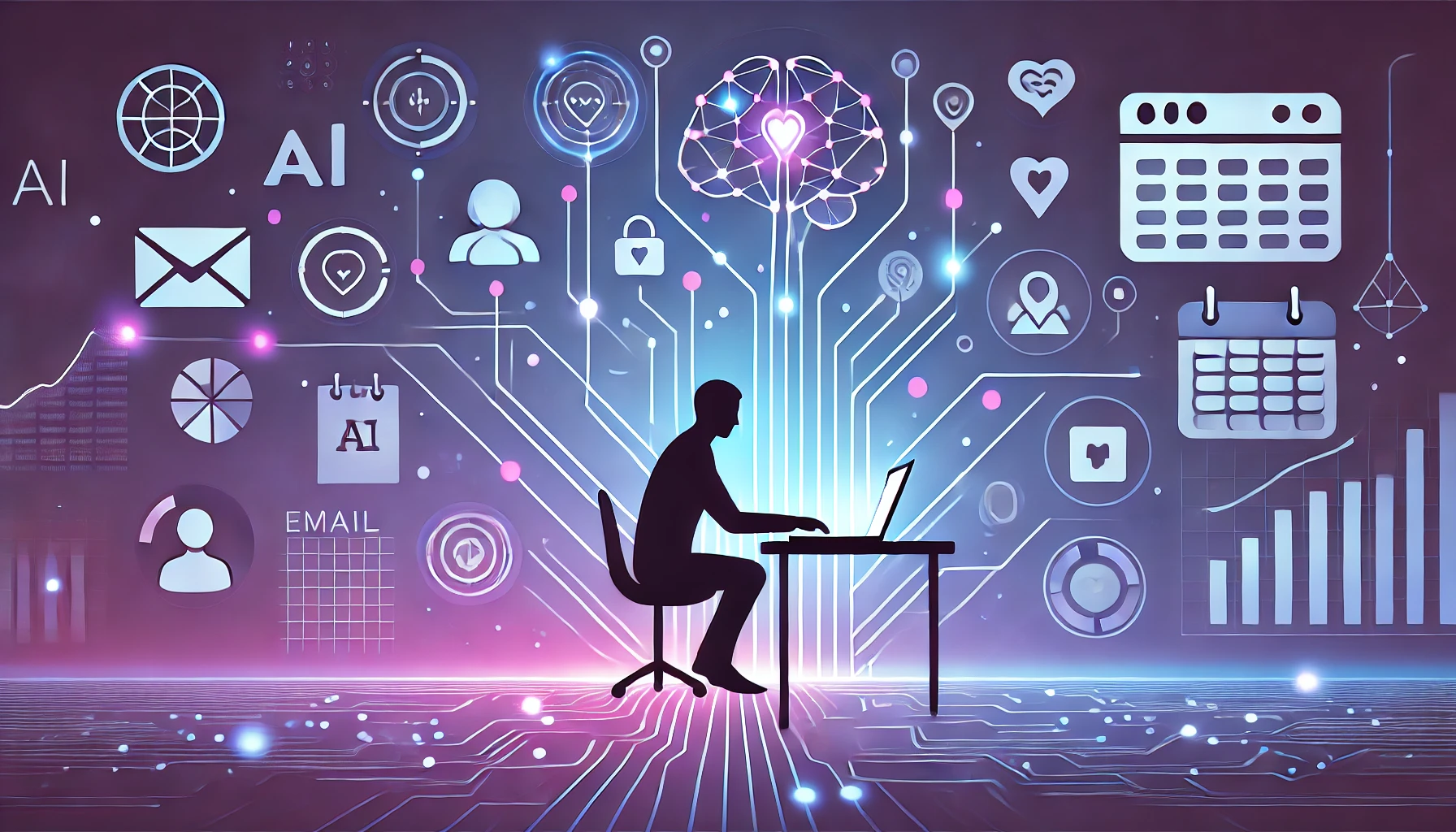 A futuristic digital illustration symbolizing AI in business, featuring abstract depictions of various data forms like text, images, audio waves, and video streams merging into interconnected neural network nodes. The design uses glowing gradients of blue-purple and cyan-magenta, with smooth flowing data grids in a sleek high-tech style. The background is modern and adaptable for light and dark themes.