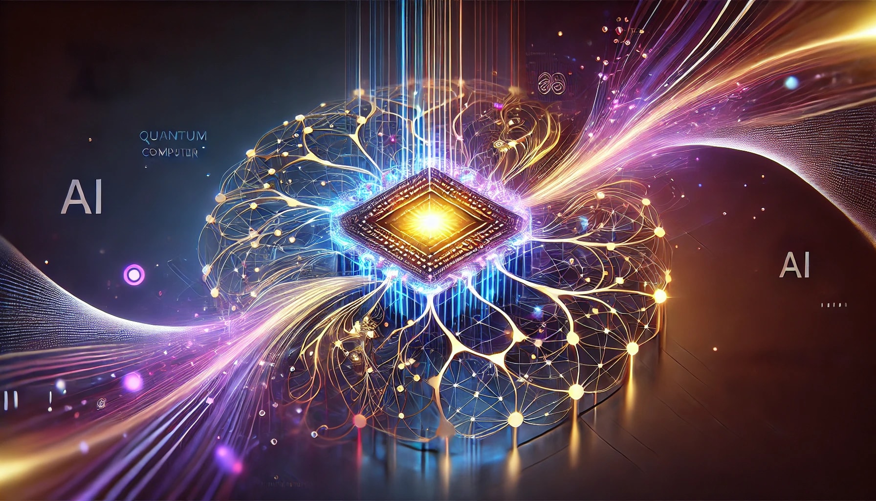 A futuristic digital illustration symbolizing quantum AI, featuring abstract depictions of various data forms like text, images, audio waves, and video streams merging into interconnected neural network nodes. The design uses glowing gradients of blue-purple and cyan-magenta, with smooth flowing data grids in a sleek high-tech style. The background is modern and adaptable for light and dark themes.